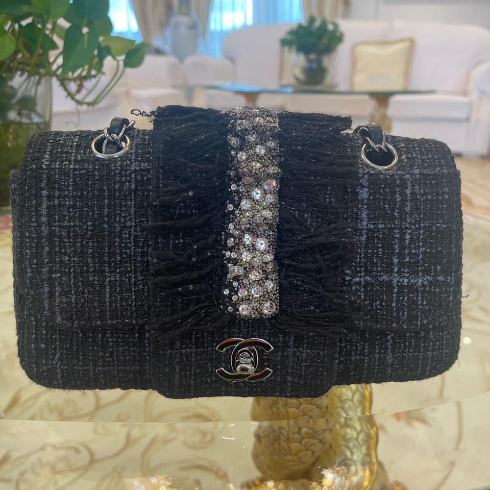 Chanel Limited Edition Black Tweed Swarovski Crystals Classic Flap Bag